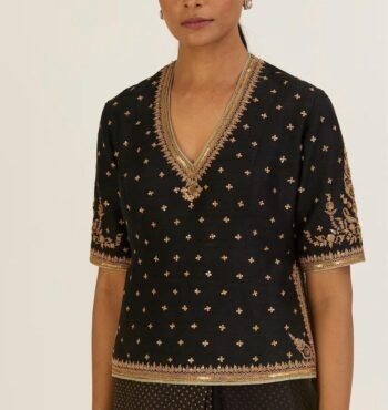 Hand Embroidered Silk Peplum Blouse: Black Zardosi Maggam