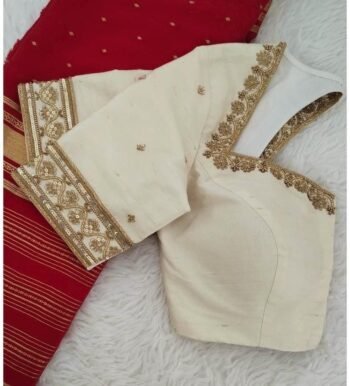 Hand Embroidered Raw Silk Blouse: Cream Zardosi Work,