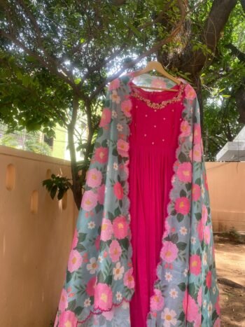 Hand Embroidered Pink Chanderi Silk Anarkali Dress: Floral