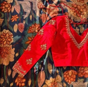 Red Silk Zardosi Embroidered Saree Blouse: Full Sleeve