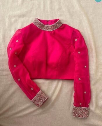 Pink Hand Embroidered Zardosi Silk Blouse: Maggam Work,