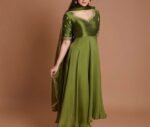Hand Embroidered Silk Chanderi Anarkali Suit: Mehendi Green