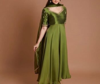 Hand Embroidered Silk Chanderi Anarkali Suit: Mehendi Green