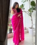 Pink Chiffon Silk Saree: Hand Embroidered Blouse, Maggam