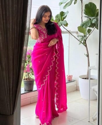 Pink Chiffon Silk Saree: Hand Embroidered Blouse, Maggam