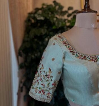 Hand Embroidered Raw Silk Blouse: Beige Zardosi Maggam
