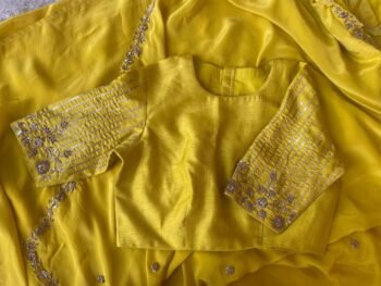 Yellow Crepe Silk Saree: Hand Embroidered Blouse, Haldi