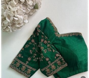 Hand Embroidered Zardosi Silk Blouse: Green Maggam Work,