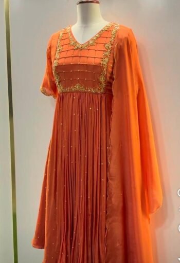 Hand Embroidered Orange Anarkali Suit Set: Silk Chanderi