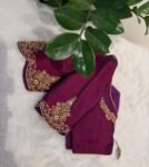Hand Embroidered Zardosi Silk Blouse: Plum Magenta Saree