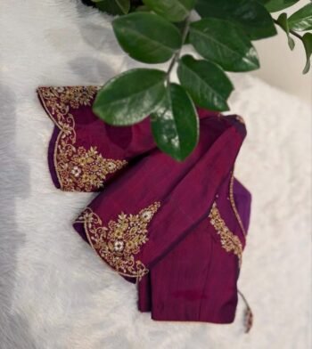 Hand Embroidered Zardosi Silk Blouse: Plum Magenta Saree