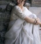 Ivory Organza Silk Saree:Hand Embroidered Blouse, Indian Wedding