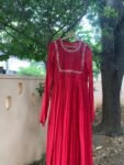 Hand Embroidered Red Chanderi Anarkali Dress: Indian Party