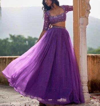 Hand Embroidered Lavender Lehenga Set: Silk Crop Top