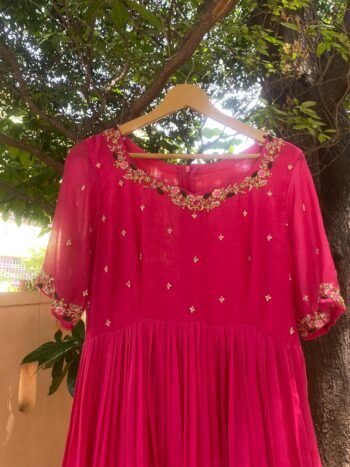 Hand Embroidered Pink Chanderi Silk Anarkali Dress: Indian