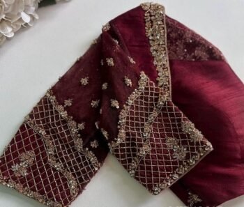 Hand Embroidered Zardosi Silk Blouse: Maroon Red Saree