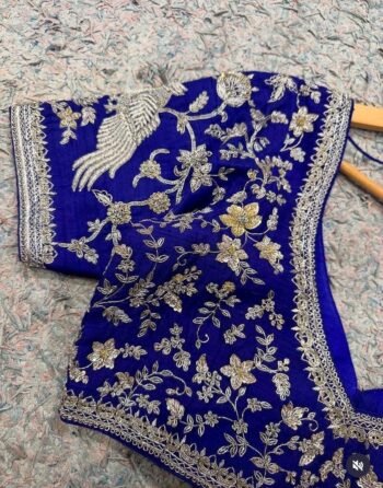 Hand Embroidered Zardosi Bridal Blouse: Blue Silk Wedding