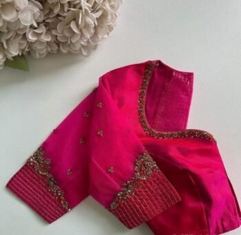 Hand Embroidered Silk Saree Blouse: Hot Pink Zardosi