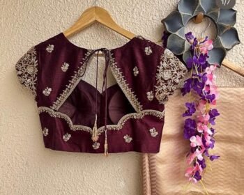Hand Embroidered Plum Silk Blouse: Zardosi Saree Blouse