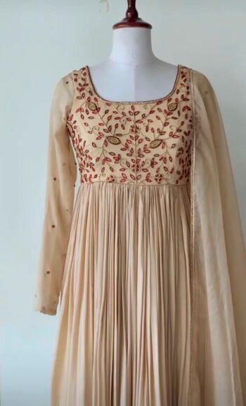 Hand Embroidered Georgette Anarkali Dress: Beige Indian Suit