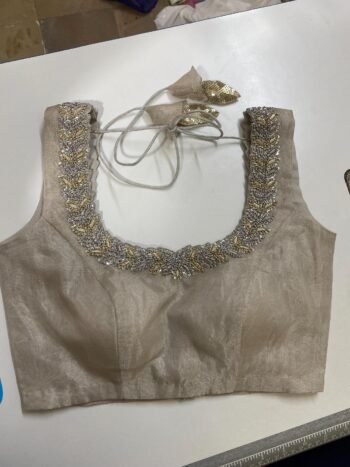 Hand Embroidered Zardosi Blouse: Silver Tissue Silk Sleeveless