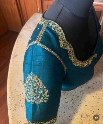 Hand Embroidered Silk Saree Blouse: Turquoise Blue Zardosi