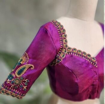 Hand Embroidered Silk Saree Blouse: Magenta Pink Zardosi