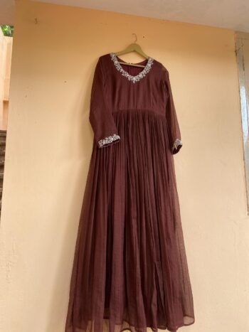 Hand Embroidered Kota Cotton Anarkali Dress: Brown Indian