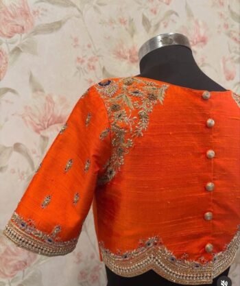 Hand Embroidered Zardosi Silk Blouse: Orange Saree Top,