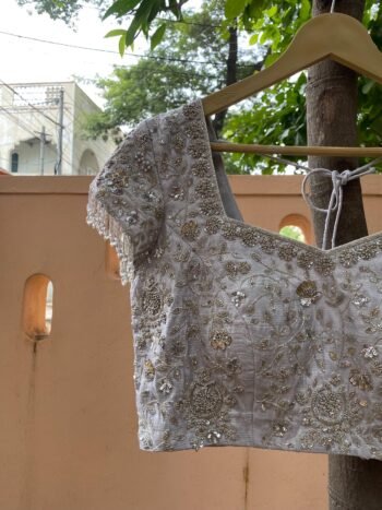 Hand Embroidered Silver Silk Blouse: Zardosi Maggam Wedding