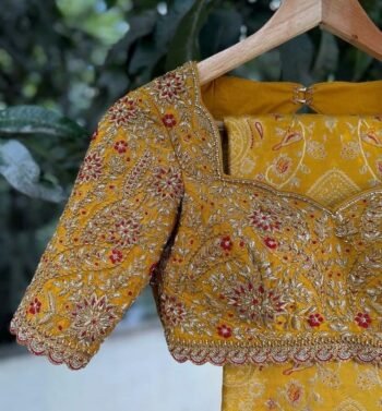 Hand Embroidered Silk Bridal Blouse: Mustard Yellow Zardosi