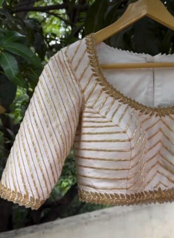 Hand Embroidered Zardosi Silk Blouse: Cream Saree Top