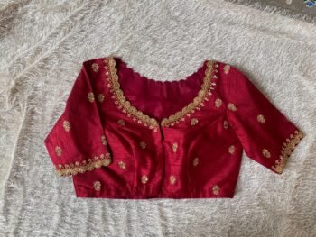 Hand Embroidered Zardosi Silk Blouse: Maroon Red Saree