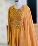 Hand Embroidered Orange Anarkali Suit: Chanderi Silk Indian