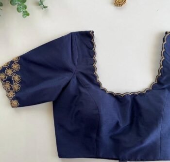 Navy Blue Silk Hand-Embroidered Zardosi Blouse: Maggam Work