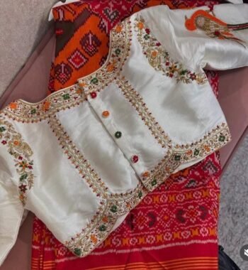 Hand Embroidered Zardosi Silk Blouse: Cream Maggam Work,