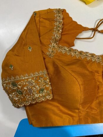 Hand Embroidered Silk Saree Blouse: Orange Zardosi Maggam