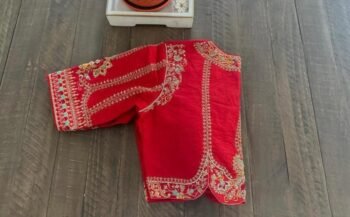 Red Pure Silk Hand-Embroidered Zardosi Blouse - Elbow