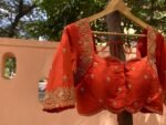 Hand Embroidered Zardosi Silk Blouse: Orange Maggam Work,