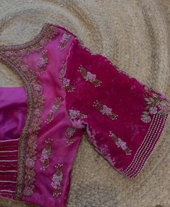 Hand Embroidered Velvet Saree Blouse: Pink Zardosi Maggam