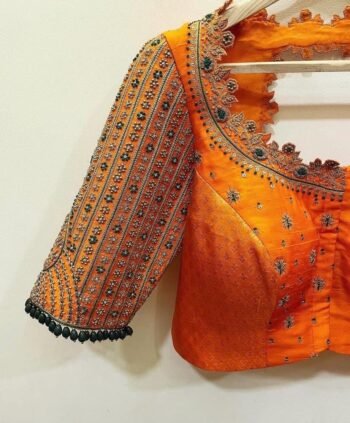 Orange Raw Silk Zardosi Blouse: Hand Embroidered Saree