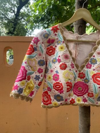 Hand Embroidered Silk Blouse: Light Pink Zardosi Maggam