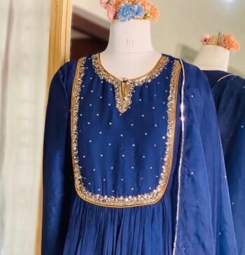 Hand Embroidered Chanderi Silk Anarkali Suit: Royal Blue