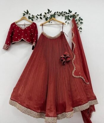 Hand Embroidered Kalamkari Lehenga Set: Red Silk Crop