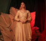 Hand Embroidered Tan Anarkali Suit: Chanderi Silk Indian