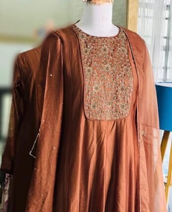 Hand Embroidered Orange Anarkali Suit: Chanderi Silk Indian