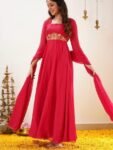 Hand Embroidered Red Silk Anarkali Dress: Indian Gown