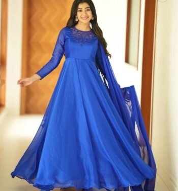 Hand Embroidered Royal Blue Anarkali Suit: Organza Dupatta,