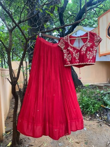 Red Lehenga Set: Embroidered Crop Top, Chinnon Silk