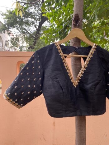 Hand Embroidered Silk Saree Blouse: Black Zardosi Maggam